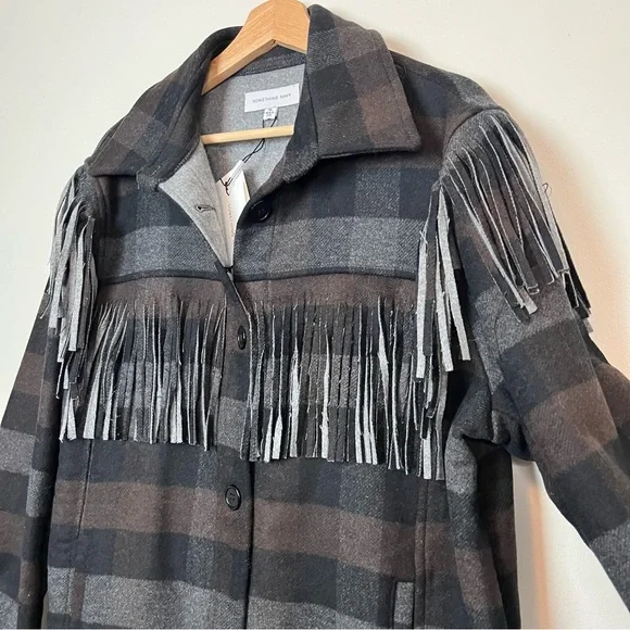 NWT Something Navy Charcoal Combo Plaid Fringe Shacket Size XL Women